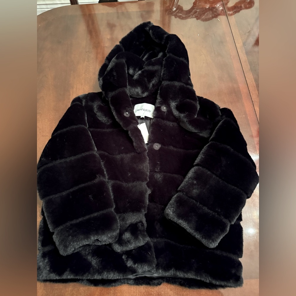 NWT New with Tags Apparis Girls black faux fur coat. 10 years